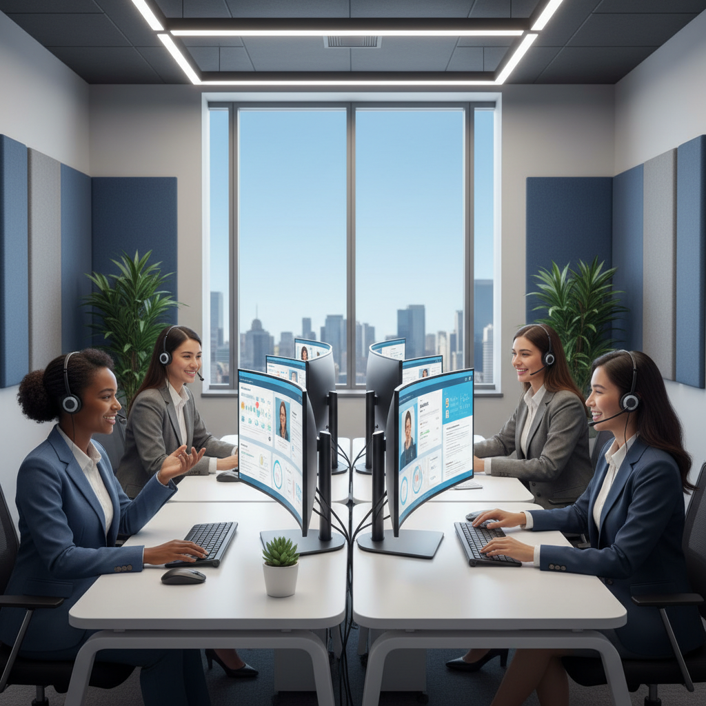 A diverse team of customer service agents smiling and working collaboratively at a modern call center, each looking at their computer screens displaying CRM dashboards with customer profiles and communication history. The setting is bright and professional.