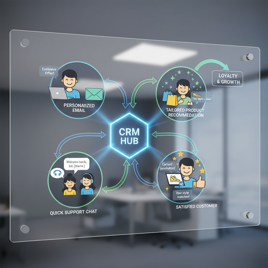 A vibrant infographic illustrating the journey of a satisfied customer, showing seamless interaction points (e.g., personalized email, quick support chat, tailored product recommendation) powered by a CRM system. Elements like smiling customer icons, data flow lines, and a central CRM hub should be visually prominent and engaging.