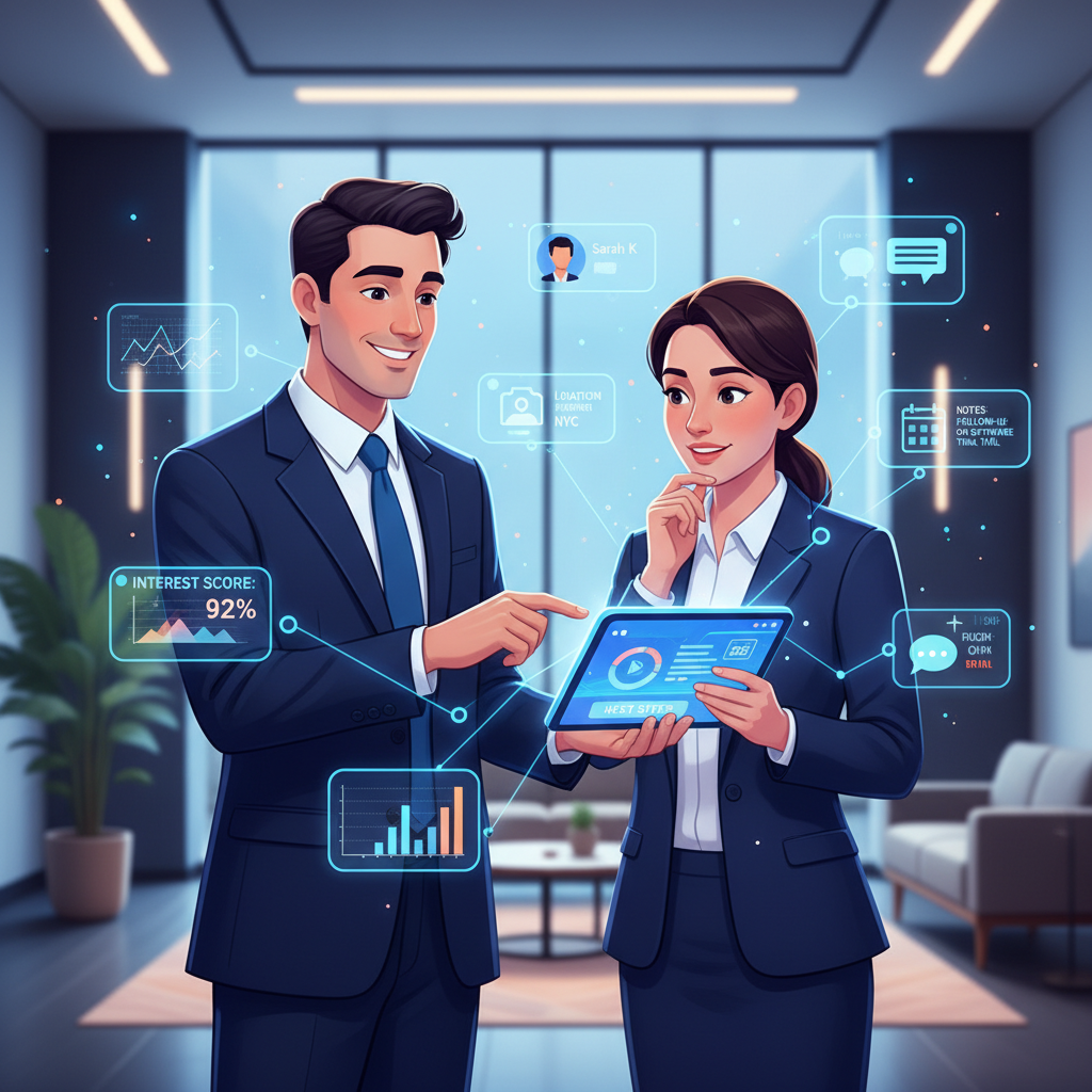 A vibrant, detailed illustration of a salesperson confidently interacting with a customer on a digital tablet, with various data points and customer profiles floating around them, representing effective lead nurturing through a CRM system. The setting is modern and professional.