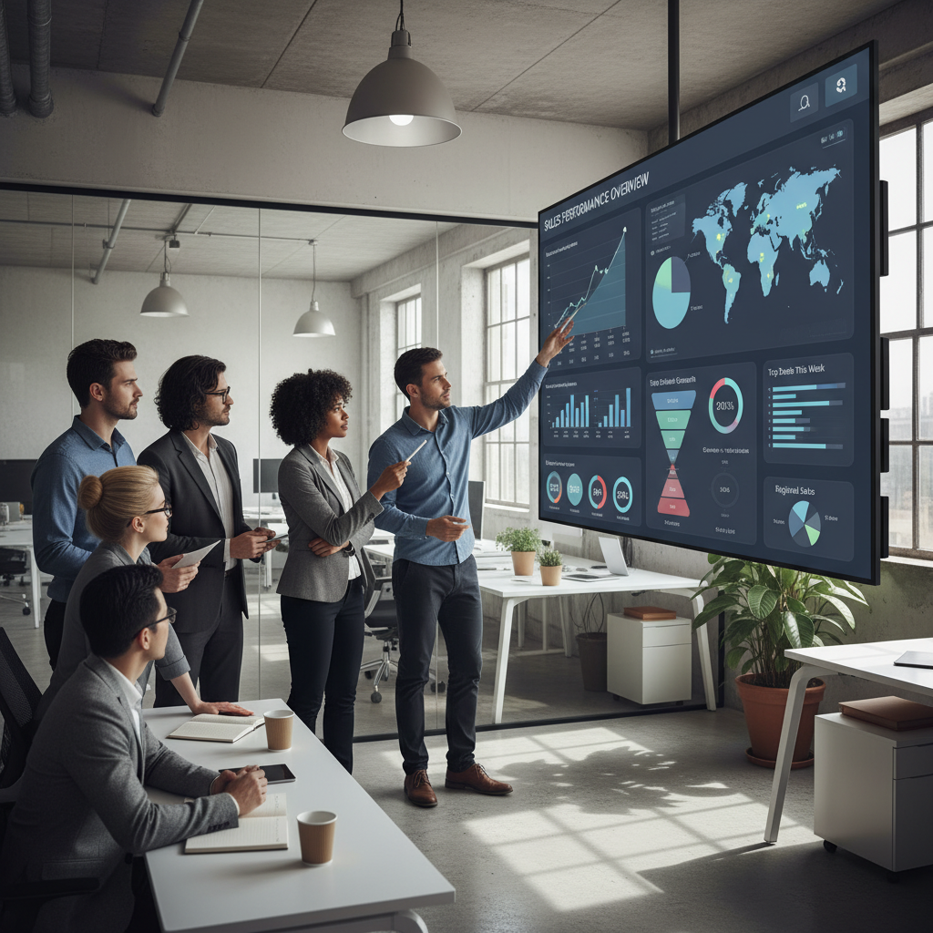 A diverse team of sales professionals collaboratively analyzing a visually rich CRM dashboard on a large screen in a modern office. They are pointing to various sales metrics, graphs, and customer segments, demonstrating effective data utilization for sales growth.