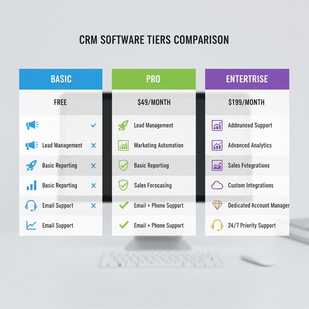 A vibrant, detailed infographic comparing features of different CRM software tiers (Basic, Pro, Enterprise) with corresponding price indicators. The infographic should be clear, modern, and easy to understand, using icons for different features like 'lead management', 'marketing automation', 'reporting', and 'support level'.