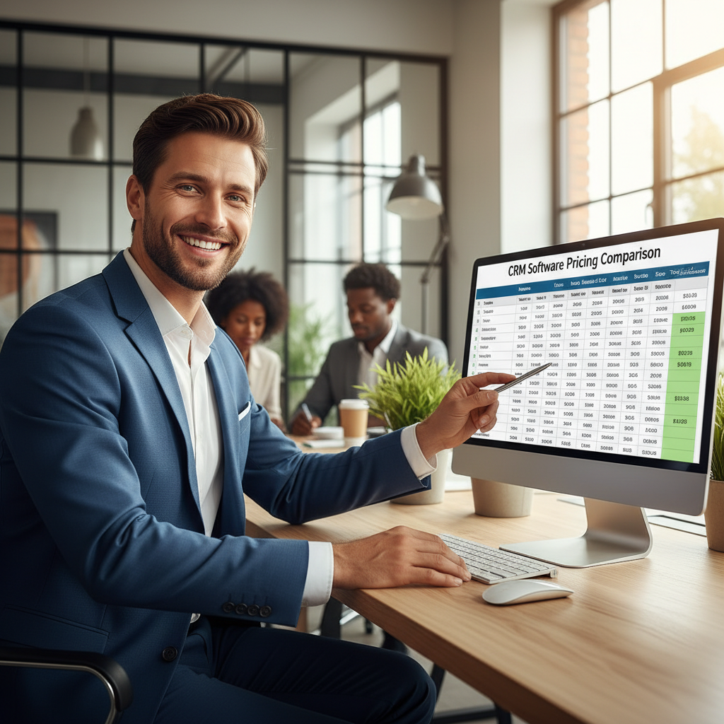 A business professional happily reviewing a detailed spreadsheet showing a CRM software pricing comparison, with columns for 'Features', 'Users', 'Monthly Cost', 'Annual Cost', 'Setup Fees', and 'Total Cost of Ownership'. The background is a bright, modern office.