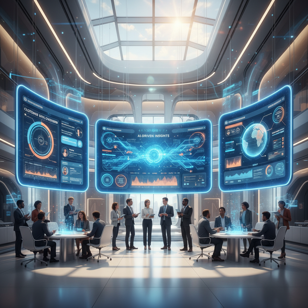 A futuristic office environment with people collaborating, while digital interfaces display AI-driven insights and customer data on large screens, illustrating the seamless integration of technology and human effort. Photorealistic, vibrant colors.