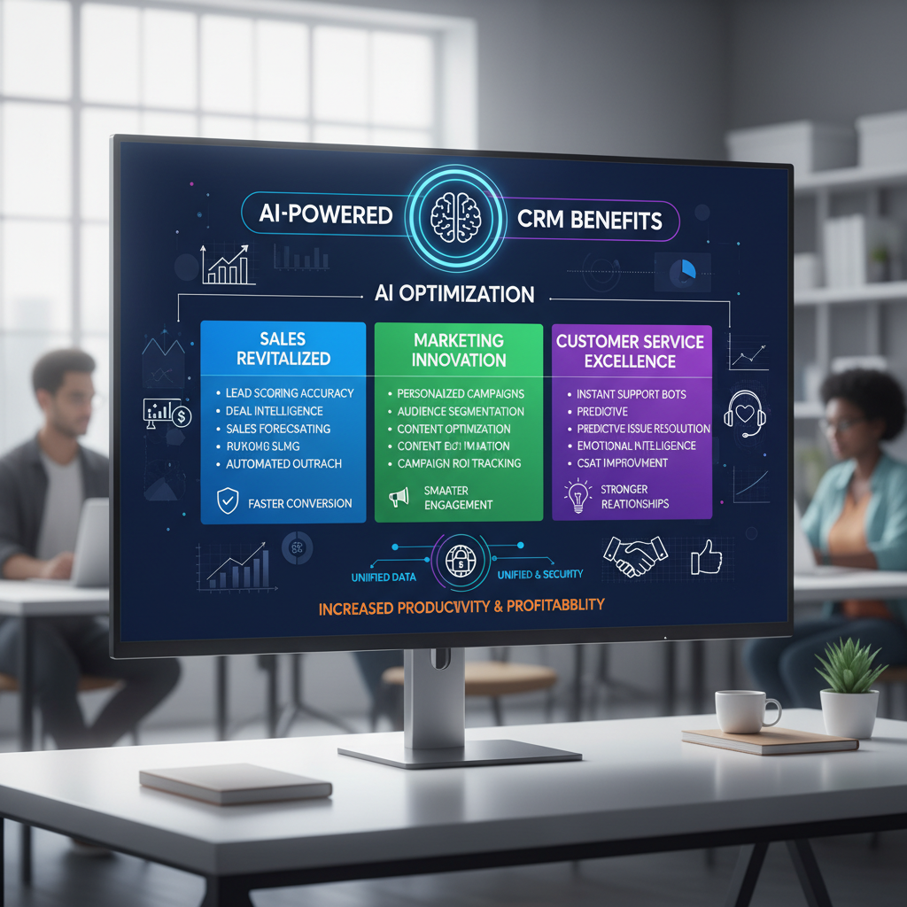 A vibrant infographic showcasing the various benefits of AI-powered CRM for different departments like sales, marketing, and customer service, using icons and clean data visualizations. The infographic should be modern and engaging. Photorealistic.