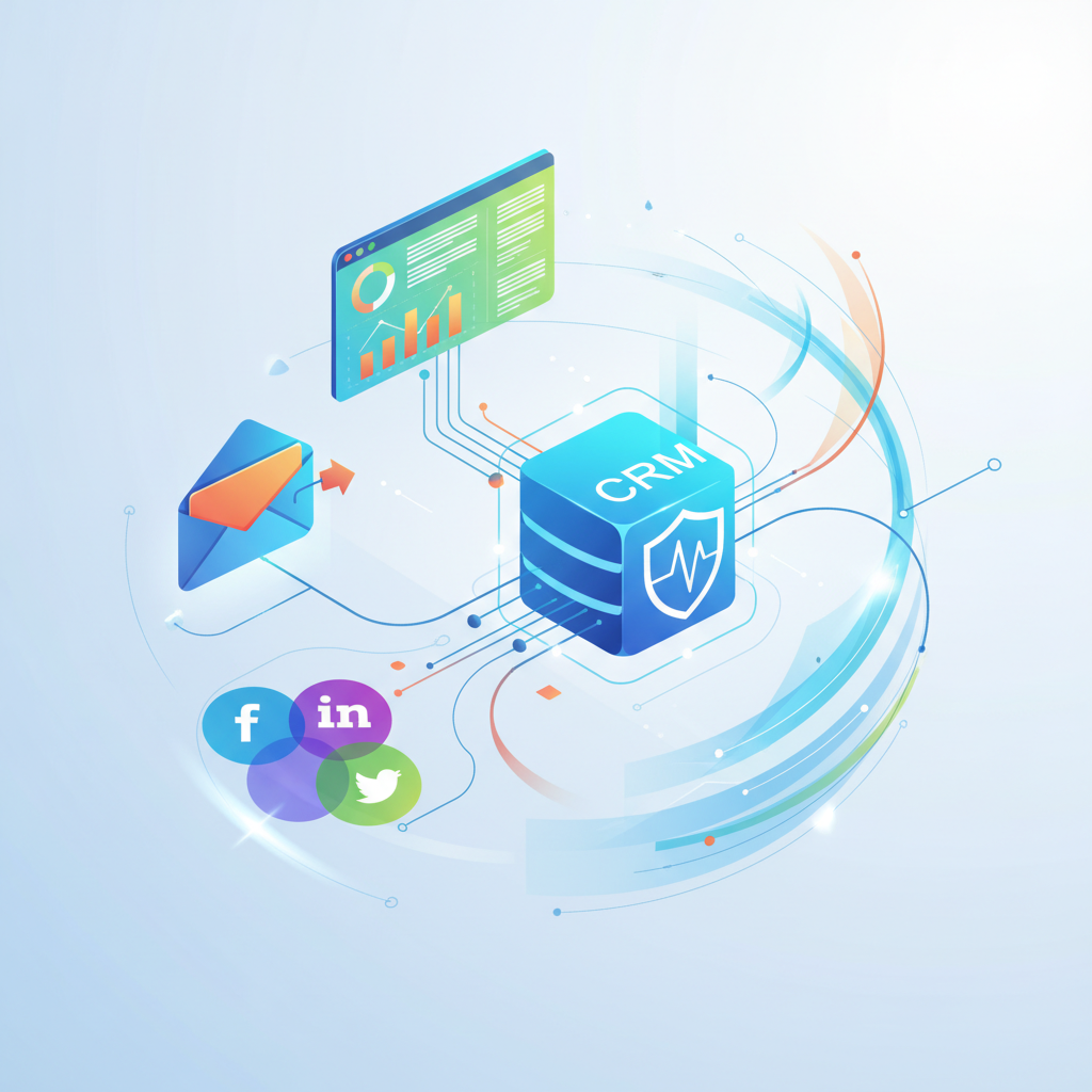 A vibrant, abstract illustration showing different digital tools (email icon, social media icon, analytics dashboard) seamlessly connecting and flowing into a central CRM database icon, representing the integration of marketing automation with CRM. The background is clean and modern.