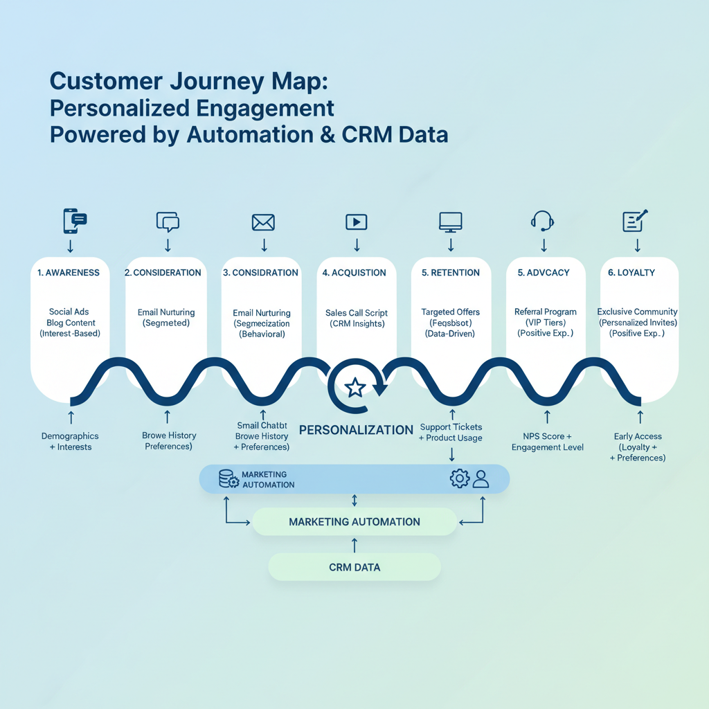 A detailed infographic illustrating a customer journey map, from awareness to loyalty, with various touchpoints like social media, email, website visits, and sales calls. Each stage shows how marketing automation and CRM data collaborate to guide the customer effectively, with a focus on personalization.