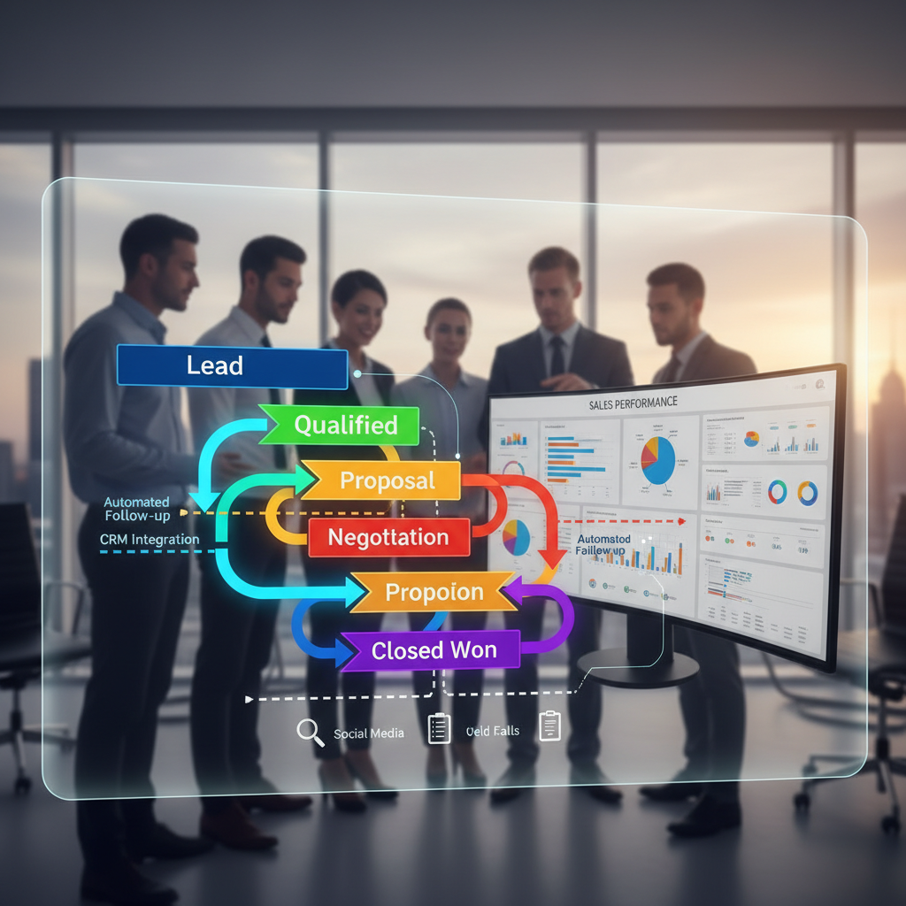 A vibrant, colorful infographic showing a sales pipeline with stages like 