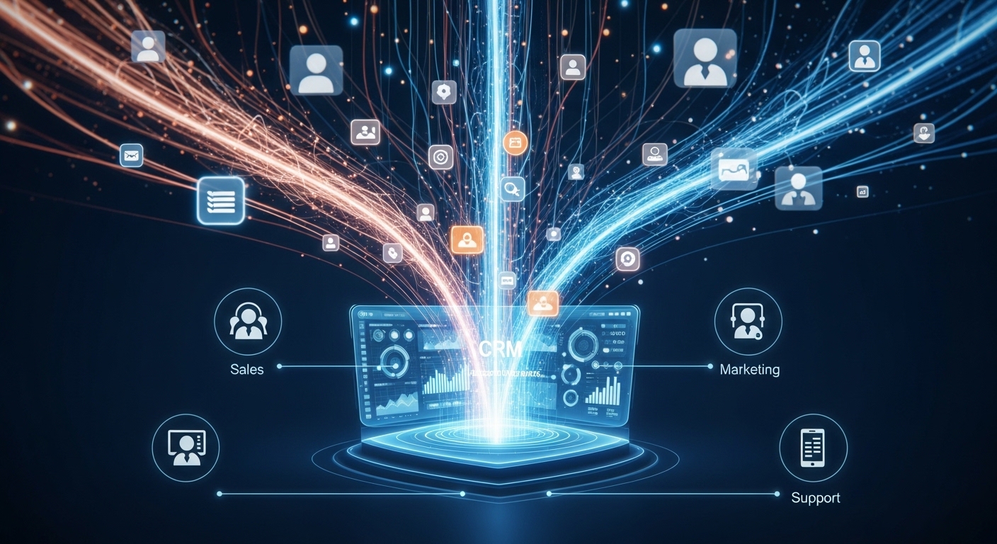 A vibrant, detailed, photorealistic illustration showing various data points (customer profiles, purchase history, interaction logs, preferences) flowing into a central, glowing CRM dashboard, with different departmental icons (sales, marketing, support) connected to it, symbolizing a unified view of customer data.