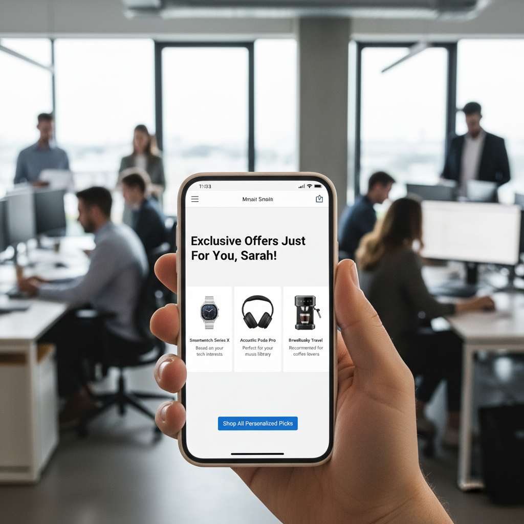 A realistic close-up photo of a smartphone screen displaying a personalized marketing email or message with the customer's name and relevant product recommendations, held in a person's hand. In the background, there's a subtly blurred, modern office setting with people working.