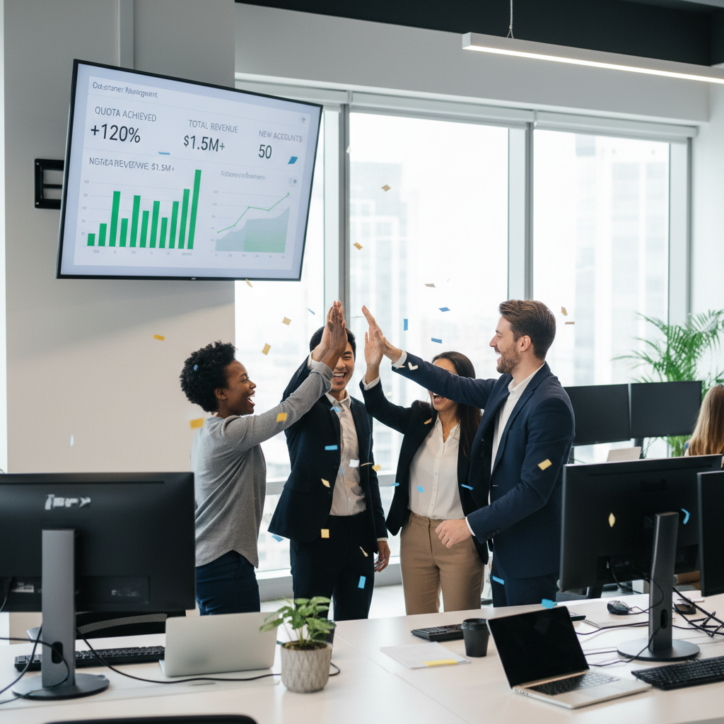 A diverse sales team celebrating a successful deal in a modern office, high-fiving, with a CRM dashboard visible on a large screen in the background showing positive sales metrics. The atmosphere is energetic and productive.