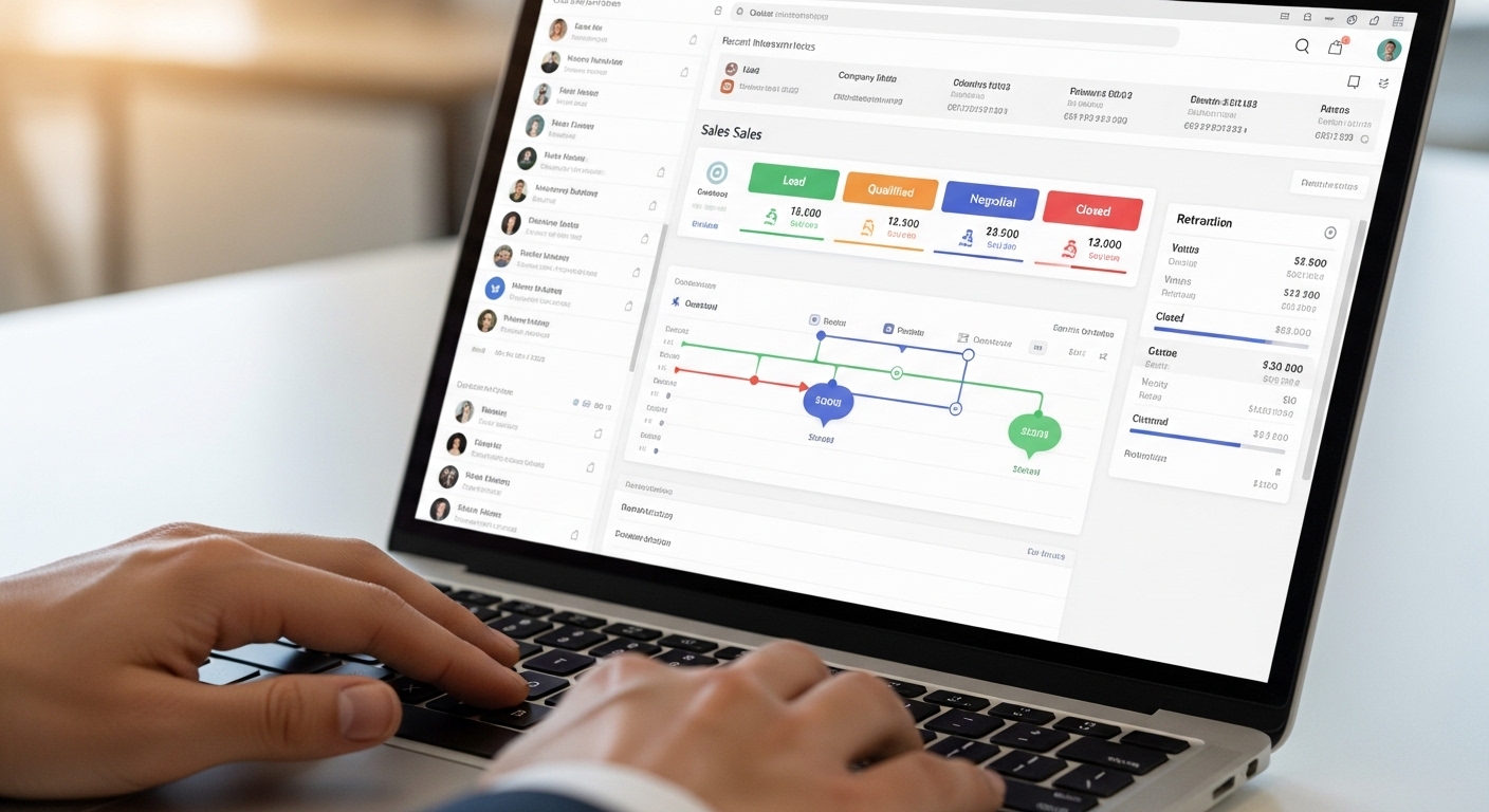 A close-up shot of a sales professional's hands typing on a laptop, with a CRM interface clearly visible on the screen, showing neatly organized customer data and sales pipeline stages. The setting is bright and professional, emphasizing efficiency.
