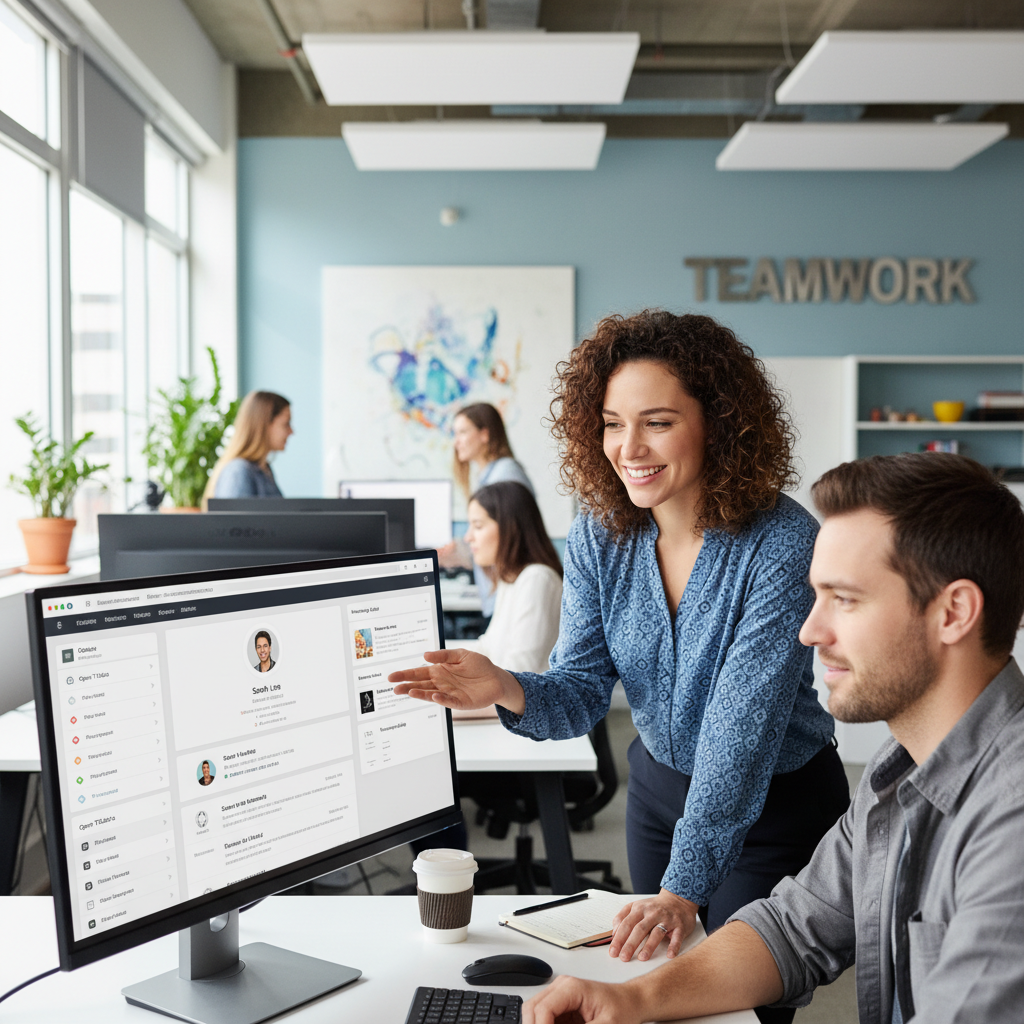 A vibrant, detailed image of a customer support team member smiling while helping a customer on a computer, with a modern CRM interface displayed on the screen. The office environment is bright and collaborative. Photorealistic, high resolution.