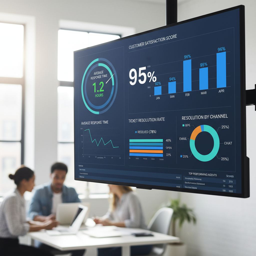 A detailed, photorealistic image showing various data visualizations and charts on a CRM dashboard, illustrating customer support metrics like response time, customer satisfaction scores, and ticket resolution rates. The data is clear and actionable.