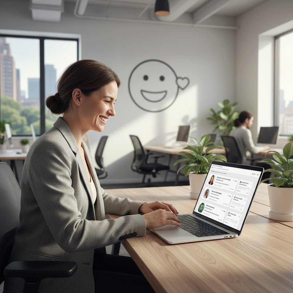 A small business owner smiling while looking at a laptop screen displaying customer profiles and interaction history, with a happy customer icon in the background, in a modern office setting, photorealistic.