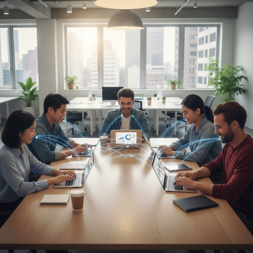 A diverse team of small business employees collaborating efficiently around a table, each looking at their own device, with subtle digital lines connecting them to symbolize a streamlined workflow, bright and modern office, photorealistic.