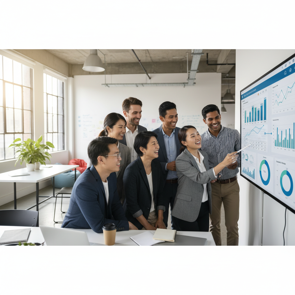 A diverse team of smiling business professionals collaborating in a modern office, looking at a shared screen displaying a CRM dashboard with graphs and customer data. The atmosphere is productive and positive. Photorealistic.
