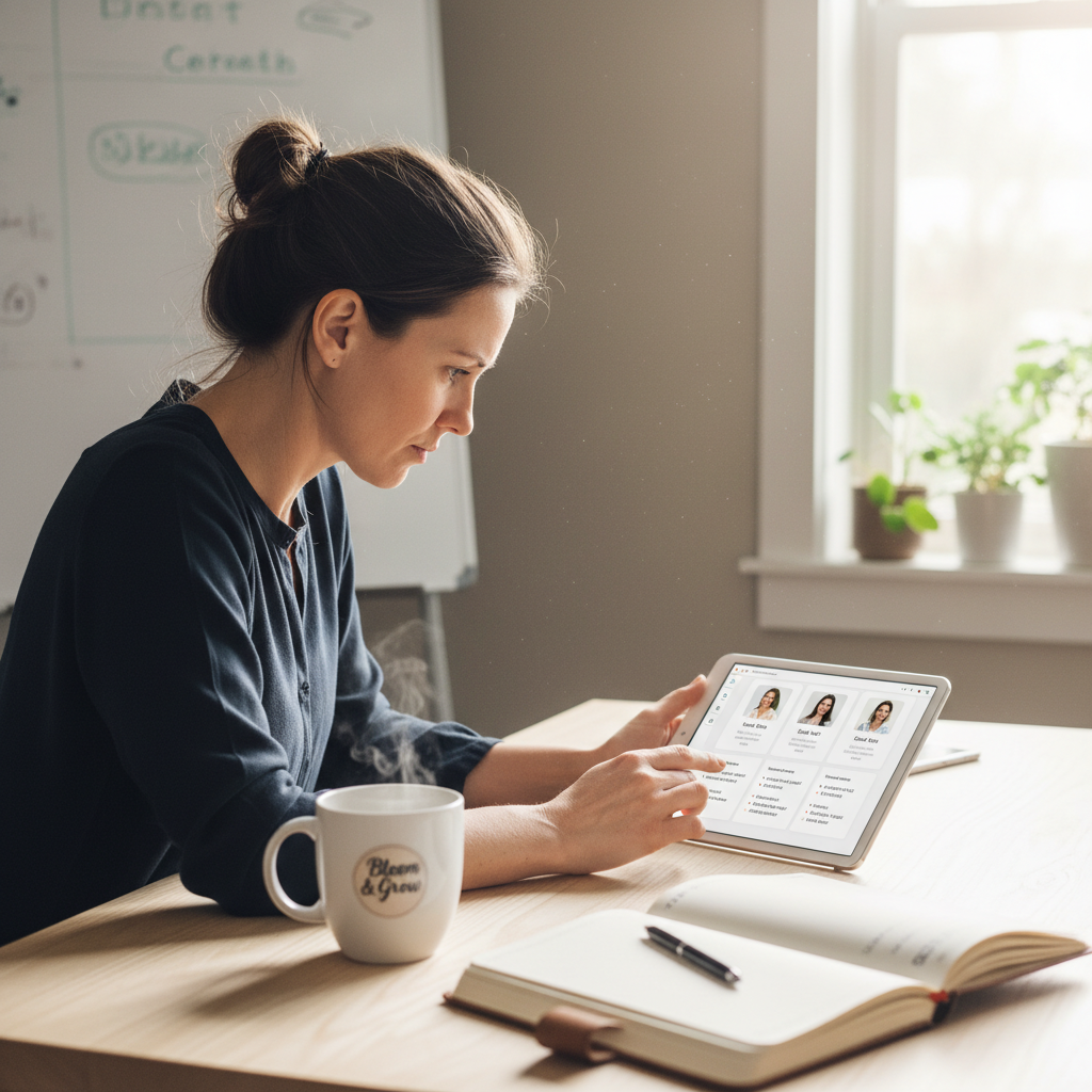A small business owner sitting at a desk, looking intently at a tablet displaying a user-friendly CRM interface with customer profiles and recent interactions. A cup of coffee and a notebook are nearby. Soft, natural lighting. Photorealistic.